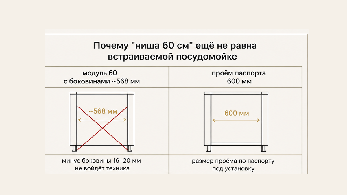 Сравнение: внешний модуль 60 см с боковинами и проём 600 мм из паспорта посудомойки