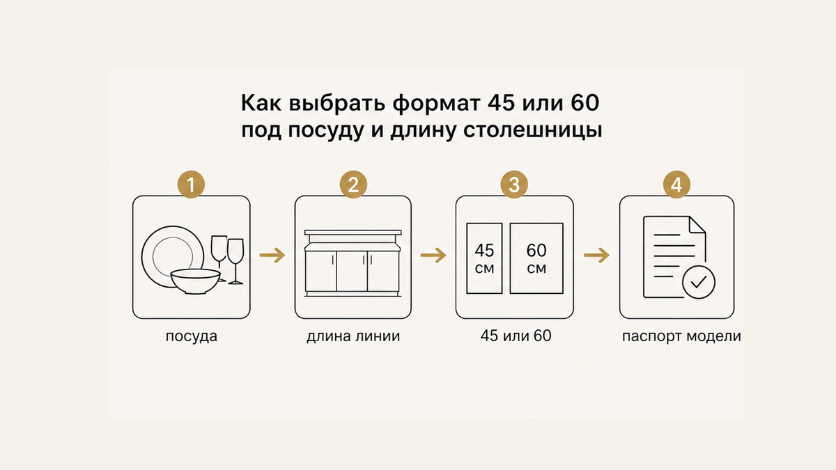 Схема выбора формата 45 или 60: посуда, длина столешницы, затем паспорт модели