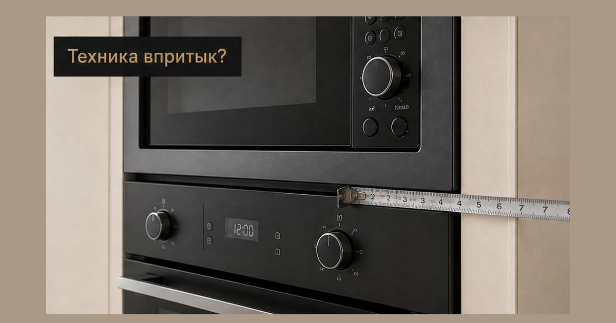 Встраиваемая СВЧ стоит вплотную на духовке в высокой кремовой колонне, полки нет, зазор ноль, рулетка в щели: крючок Техника впритык? без фото основателя