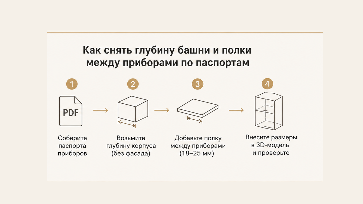 Схема глубины башни: паспорт, корпус, полка между приборами, 3D