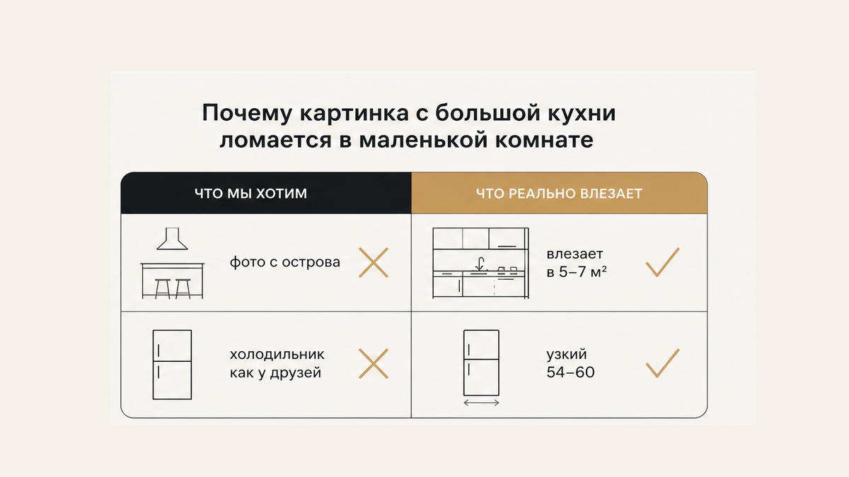 Сравнение: картинка большой кухни против того, что влезает в маленькую комнату