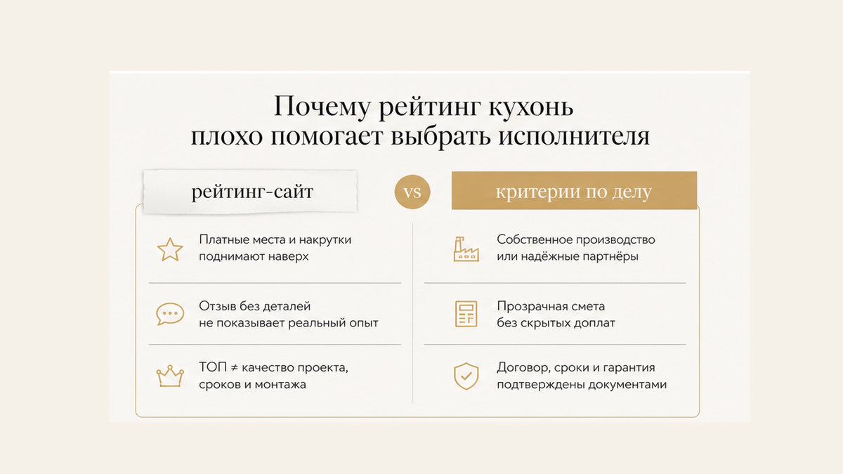 Почему рейтинг кухонь не заменяет сравнение салона, фабрики и мастера