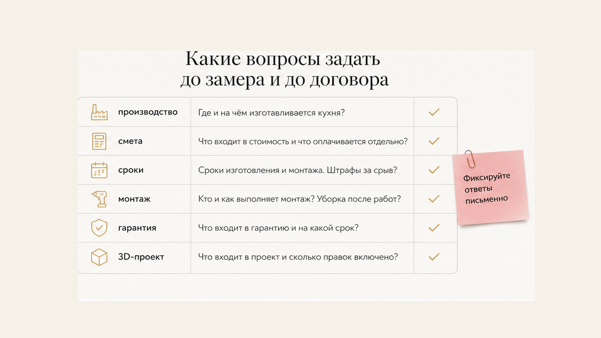 Чеклист вопросов до замера и до договора на кухню на заказ