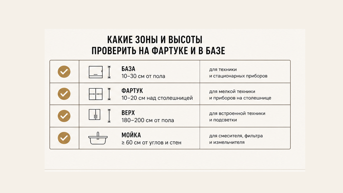 Чеклист высот розеток: база, фартук, верх, зона мойки