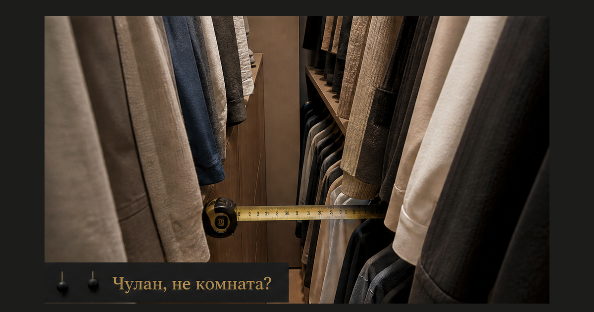 Слишком узкий проход гардеробной: одежда с двух сторон, щель около 50 см, рулетка в зазоре, войти переодеться нельзя; крючок Чулан, не комната? без лица основателя