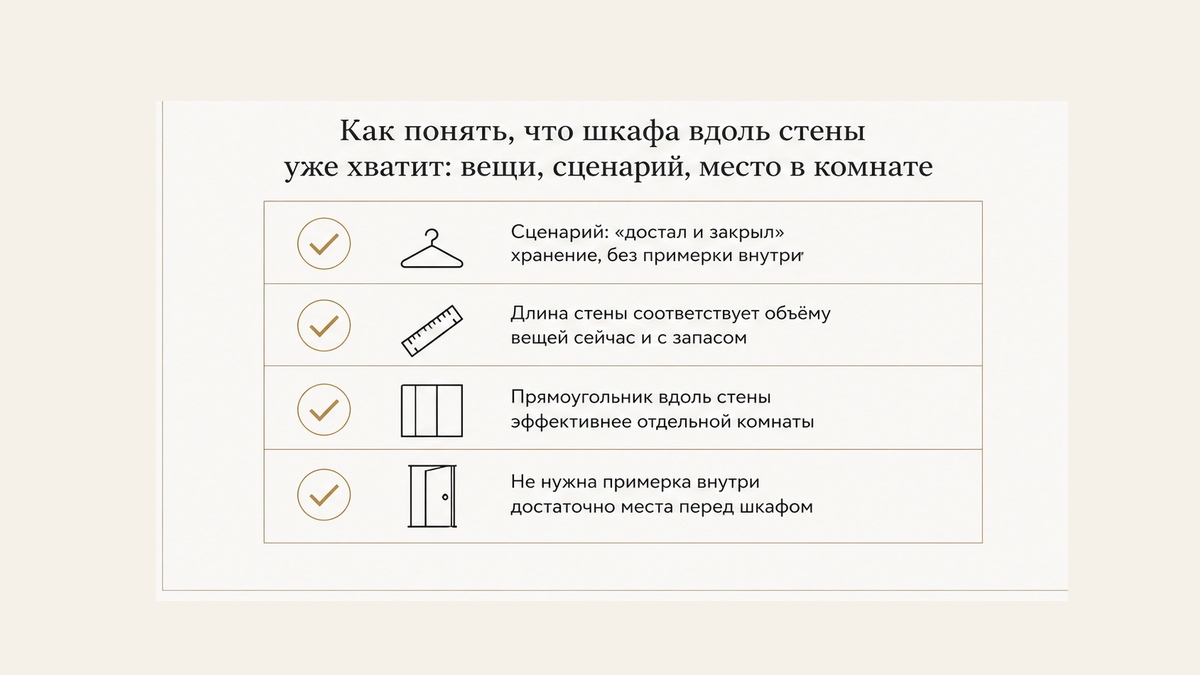 Чеклист: когда шкафа вдоль стены уже хватит — сценарий, стена, прямоугольник, без примерки внутри