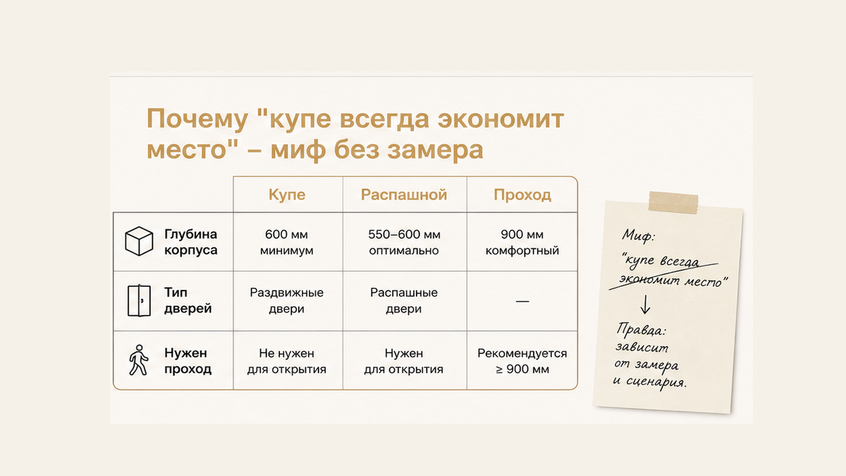 Сравнительная таблица: миф «купе всегда экономит место» без замера прохода