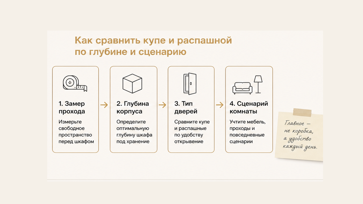 Схема сравнения купе и распашного по глубине и сценарию использования