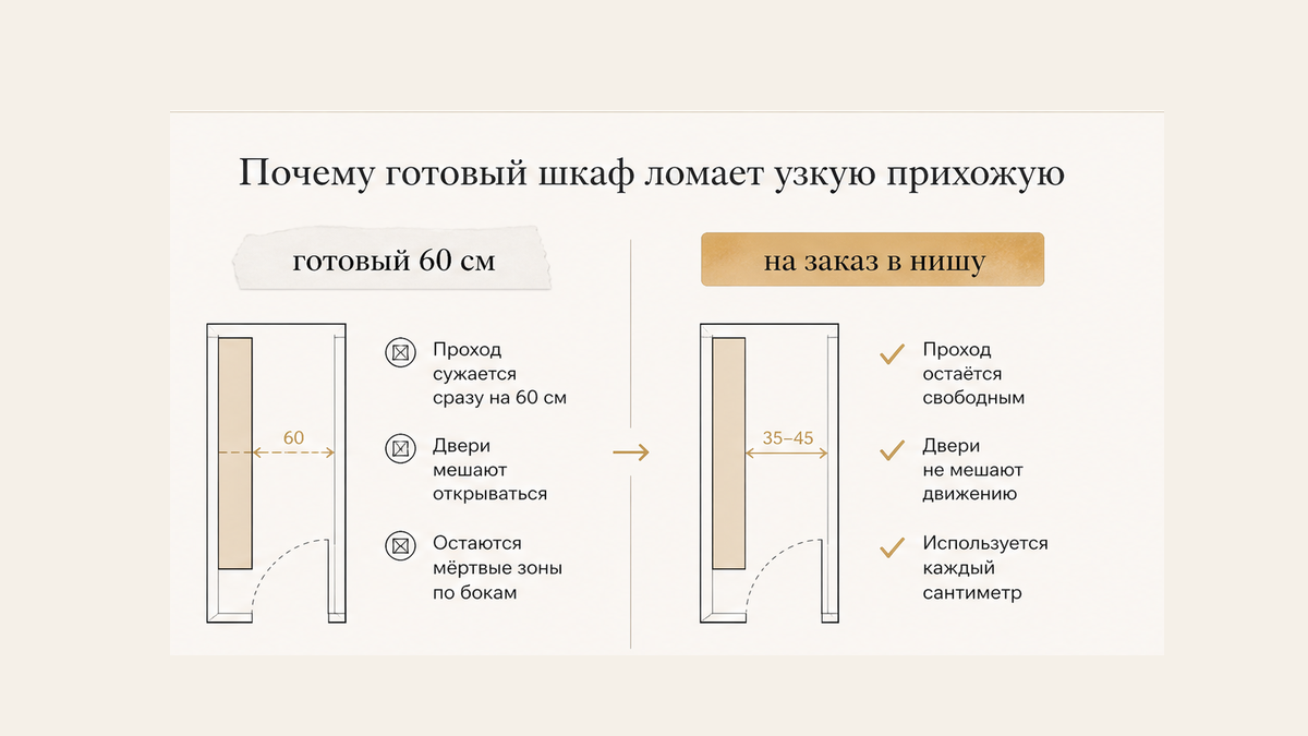 Сравнение: готовый шкаф 60 см против шкафа в нишу на заказ для узкой прихожей