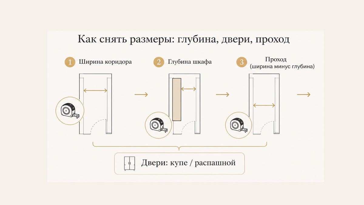 Схема замера: глубина, двери и проход для шкафа в прихожую