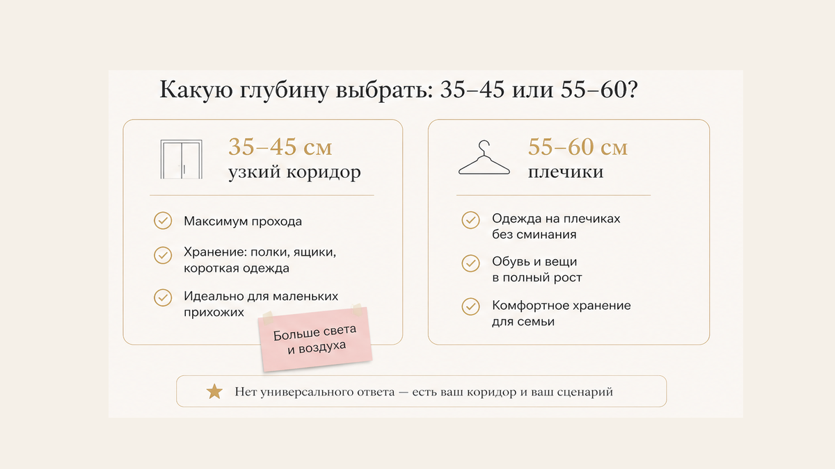Чеклист выбора глубины шкафа: 35–45 или 55–60 см