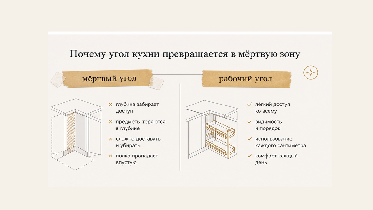 Сравнение: мёртвый угол против рабочего угла в угловой кухне