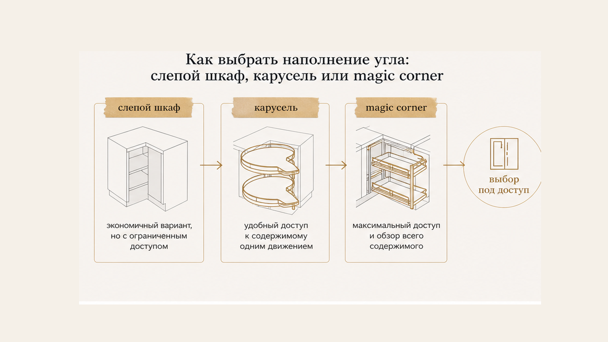 Схема выбора наполнения угла: слепой шкаф, карусель, magic corner