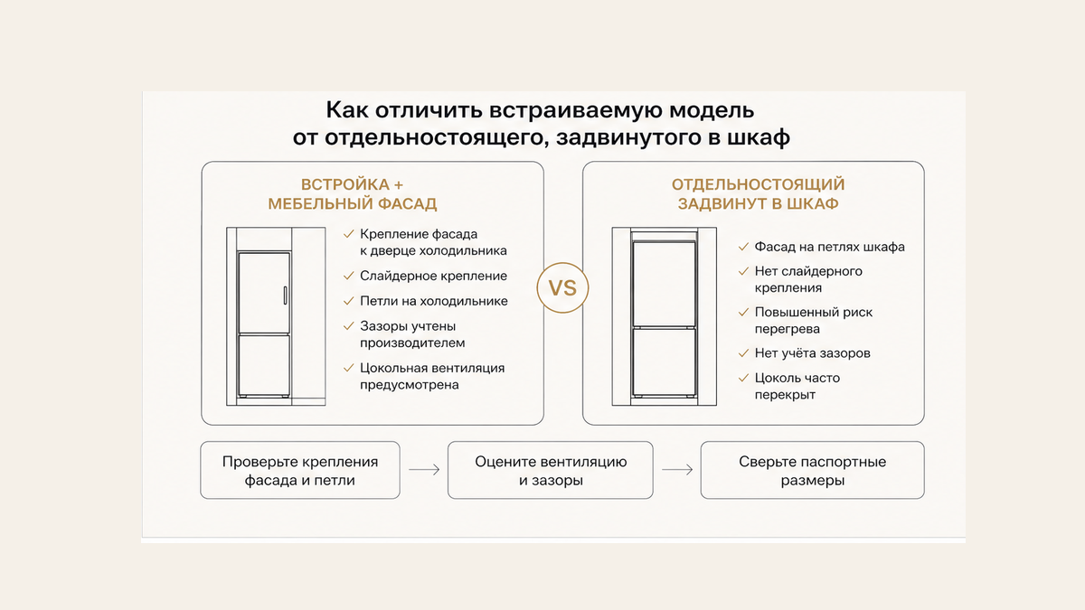 Встраиваемый холодильник с мебельным фасадом против обычного, задвинутого в шкаф