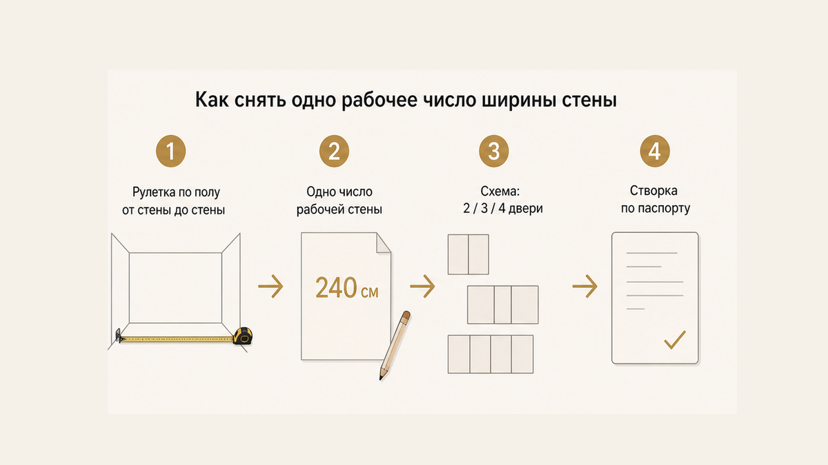Схема: одно рабочее число ширины стены, затем схема 2/3/4 и створка по паспорту