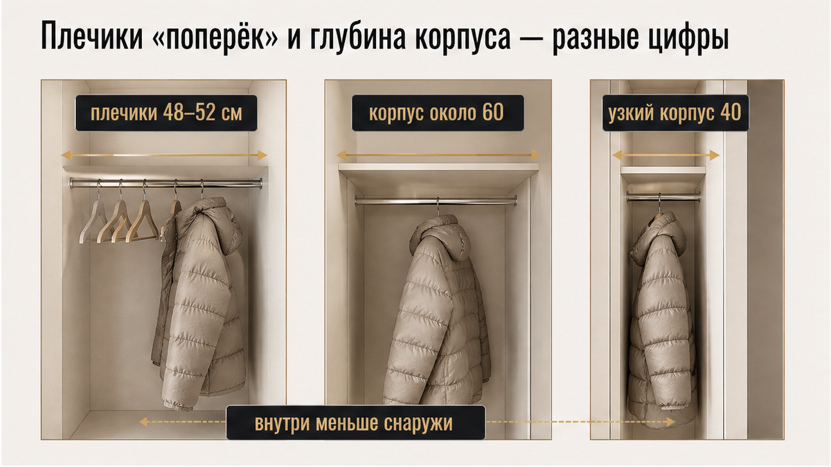 Схема глубины корпуса и плечиков поперёк для зимней одежды