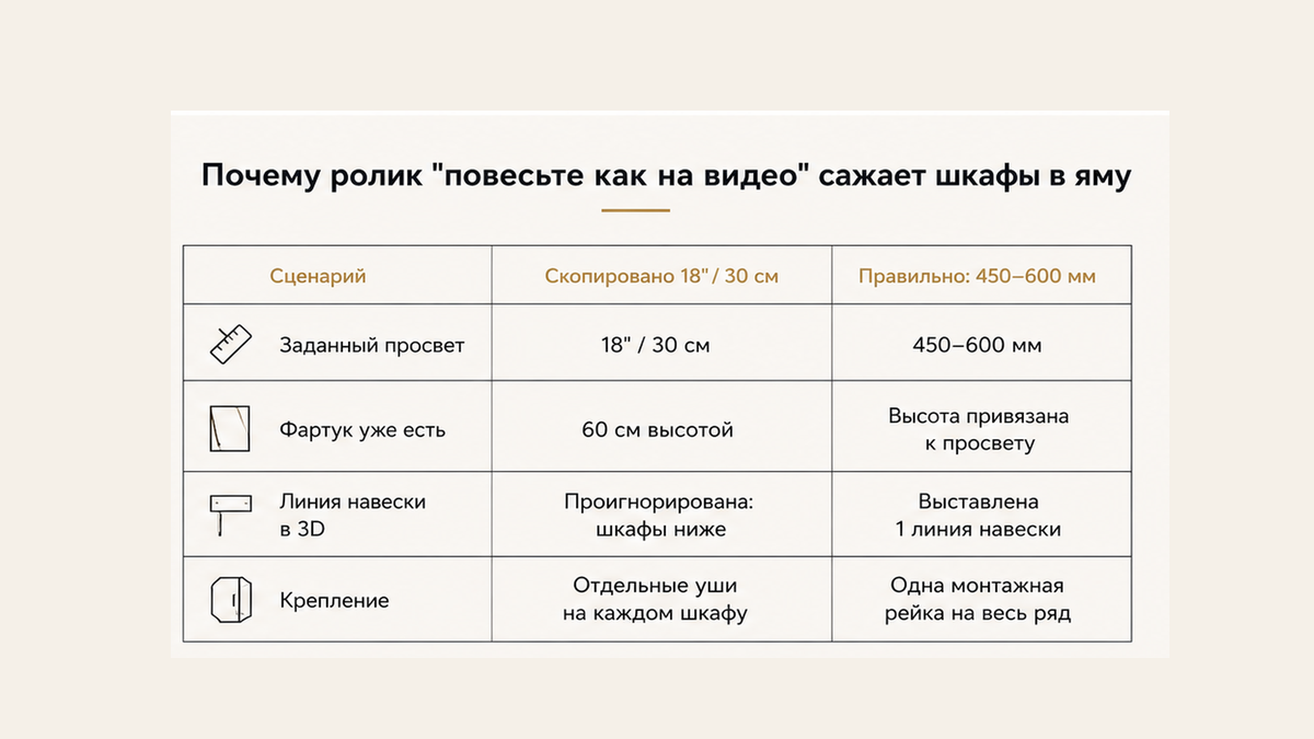 Сравнение: просвет 30 см с ролика против 450–600 мм, фартук 60 см без линии навески, уши против одной рейки