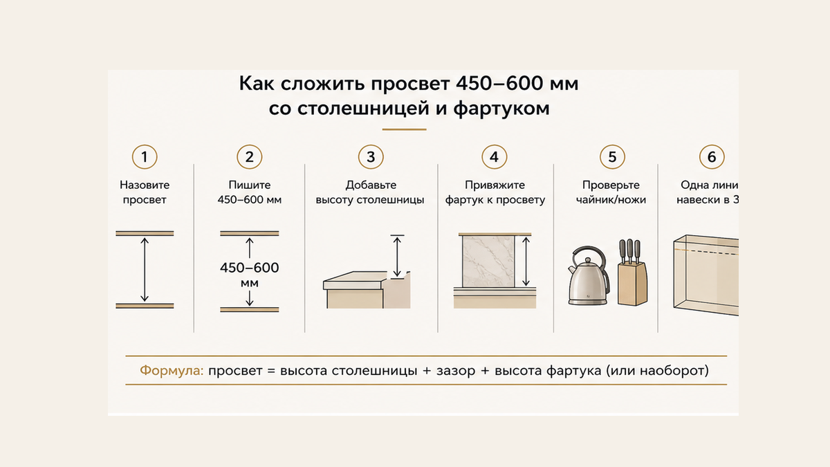 Шесть шагов: назвать щель, записать 450–600 мм, сложить со столешницей, привязать фартук, сверить чайник, внести линию низа в 3D