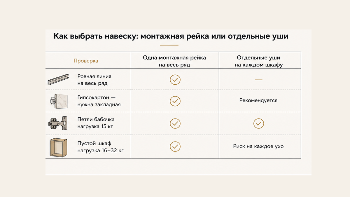 Чеклист навески: одна монтажная рейка на ряд, не отдельные уши; закладная в гипсокартон, не бабочка 15 кг