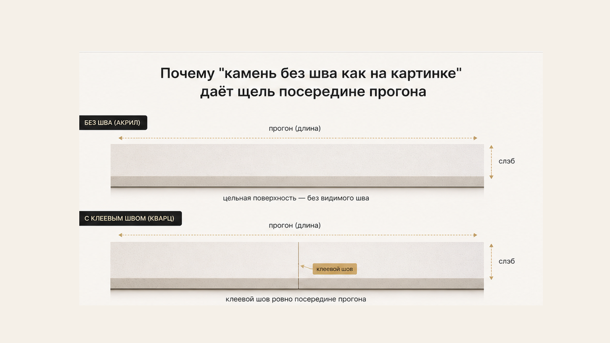Сравнение: картинка бесшовного белого камня против того же прогона с тонкой линией клея посередине, когда длина больше слэба