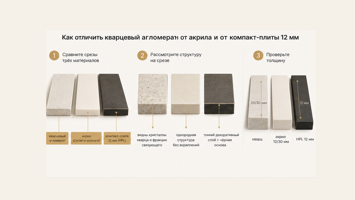 Шаги по торцу: образец в руки, кварц с крошкой против акрила без зерна и компакт-плиты 12 мм с тёмным ядром