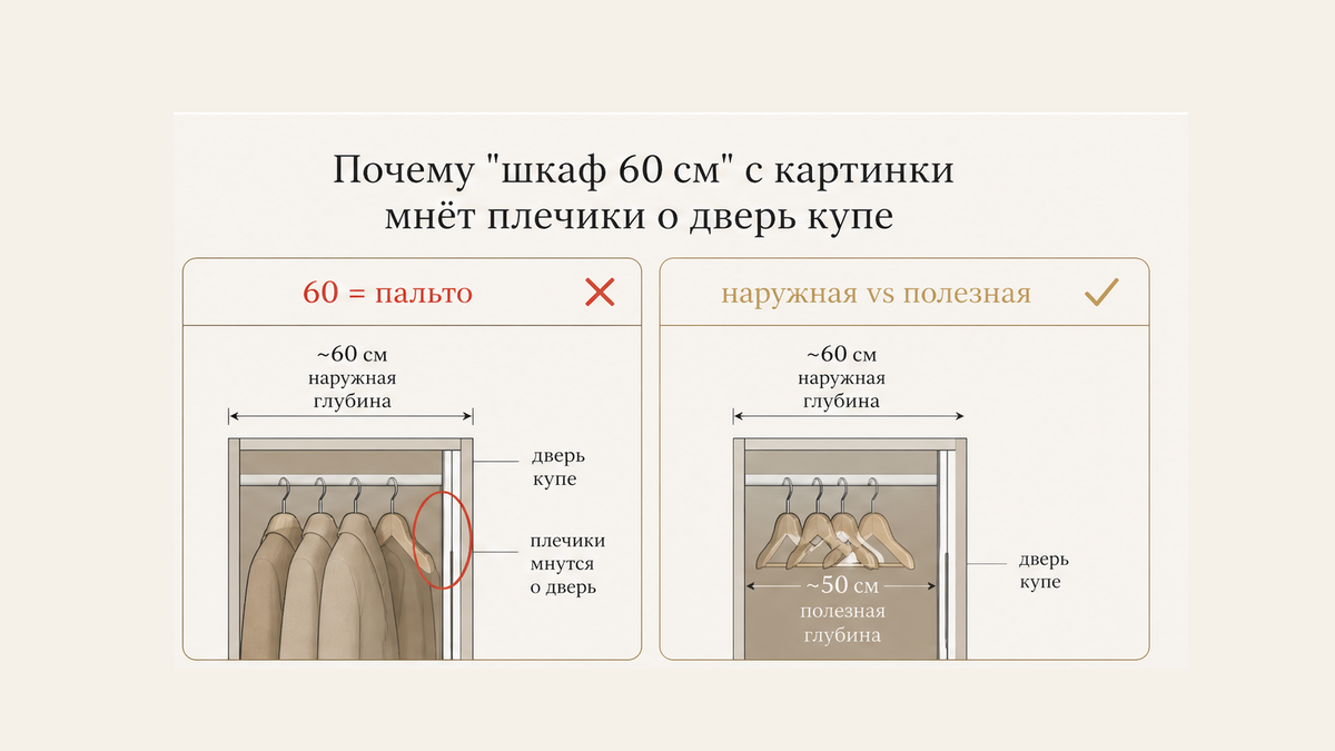Сравнение: подпись каталога «шкаф 60 см» мнёт плечики о дверь против наружной и полезной глубины после дверей