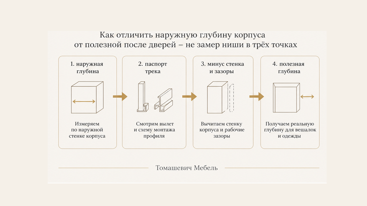 Схема: наружная глубина минус трек из паспорта минус задняя стенка = полезная до дверей, не замер ниши