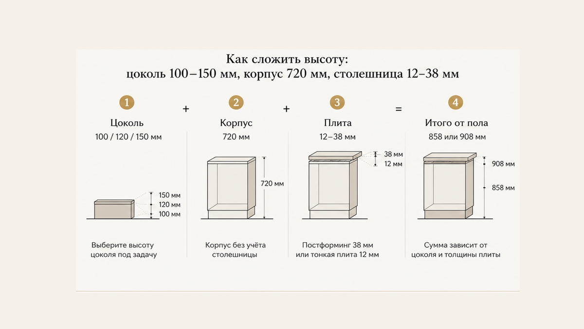 Схема сложения высоты: цоколь 100–150 мм, корпус 720 мм и плита 12–38 мм от чистового пола