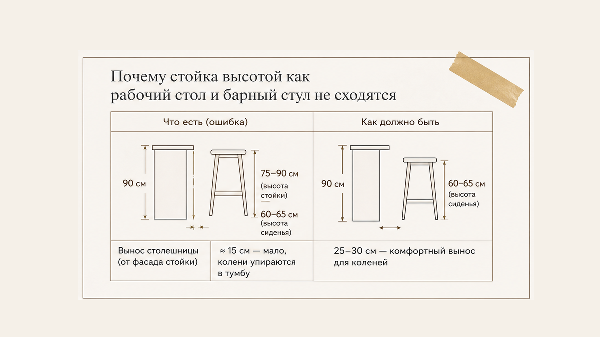 Сравнение без людей: плита 90 и барный стул 75 против полубара 90 и сиденья 60–65 — зазор 15 вместо 25–30