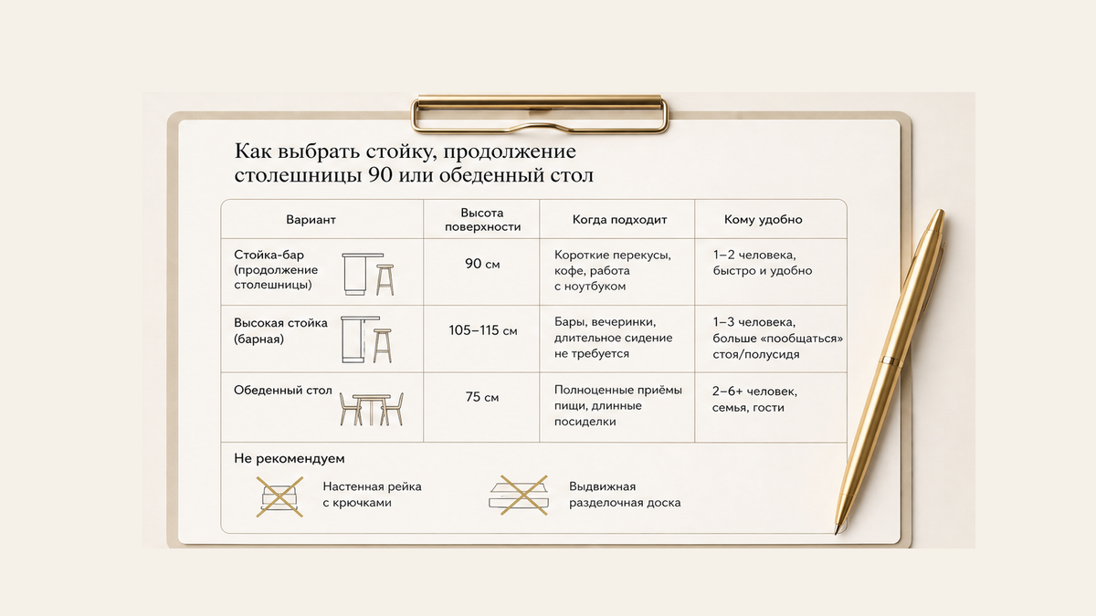 Чеклист без людей: полубар 90, высокая стойка 105–115 или стол 75; рейлинг и выдвижная доска зачёркнуты