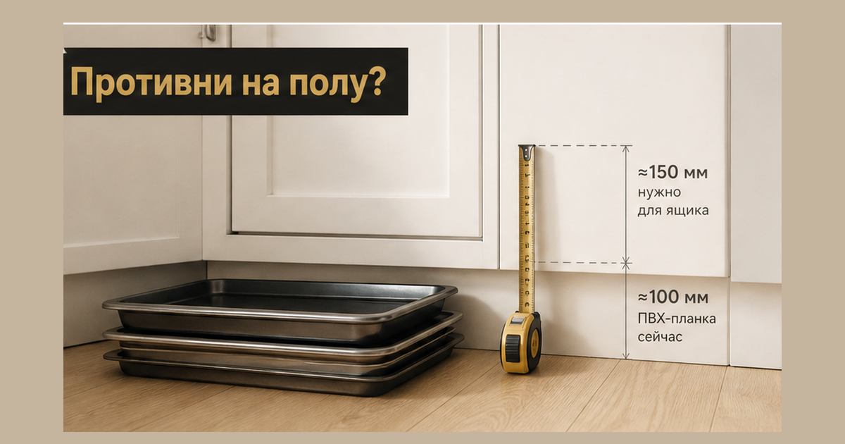 Низ кремовой кухни: тонкая ПВХ-планка без ящика, противни стопкой на полу, рулетка около 100 мм против 150 мм; крючок Противни на полу? без лица основателя