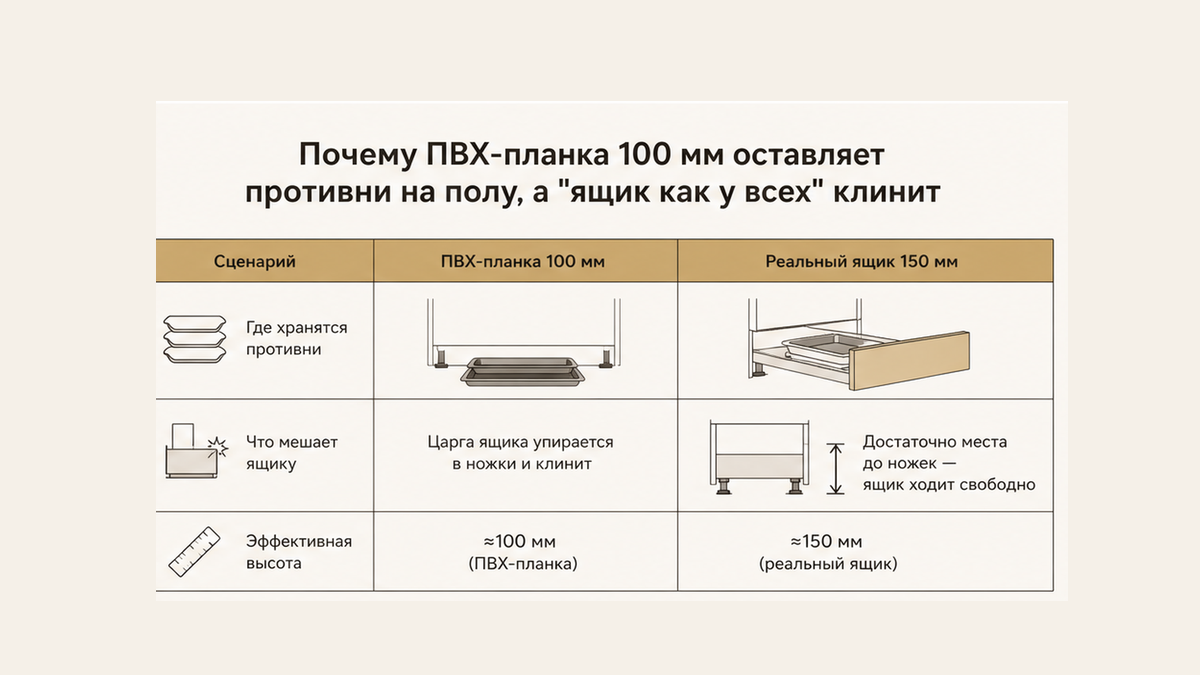 Сравнение без людей: ПВХ-планка 100 мм и противни на полу vs ящик; клинит о ножки vs зазор