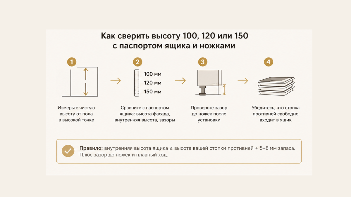 Схема без людей: высота от высокой точки пола, 100/120/150 vs паспорт, ножки, пачка противней