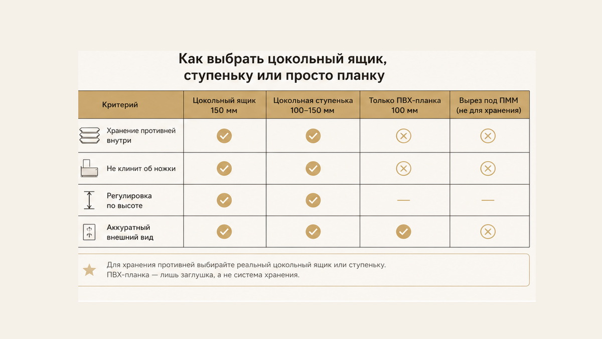 Чеклист без людей: цокольный ящик, ступенька или только планка; вырез ПММ зачёркнут