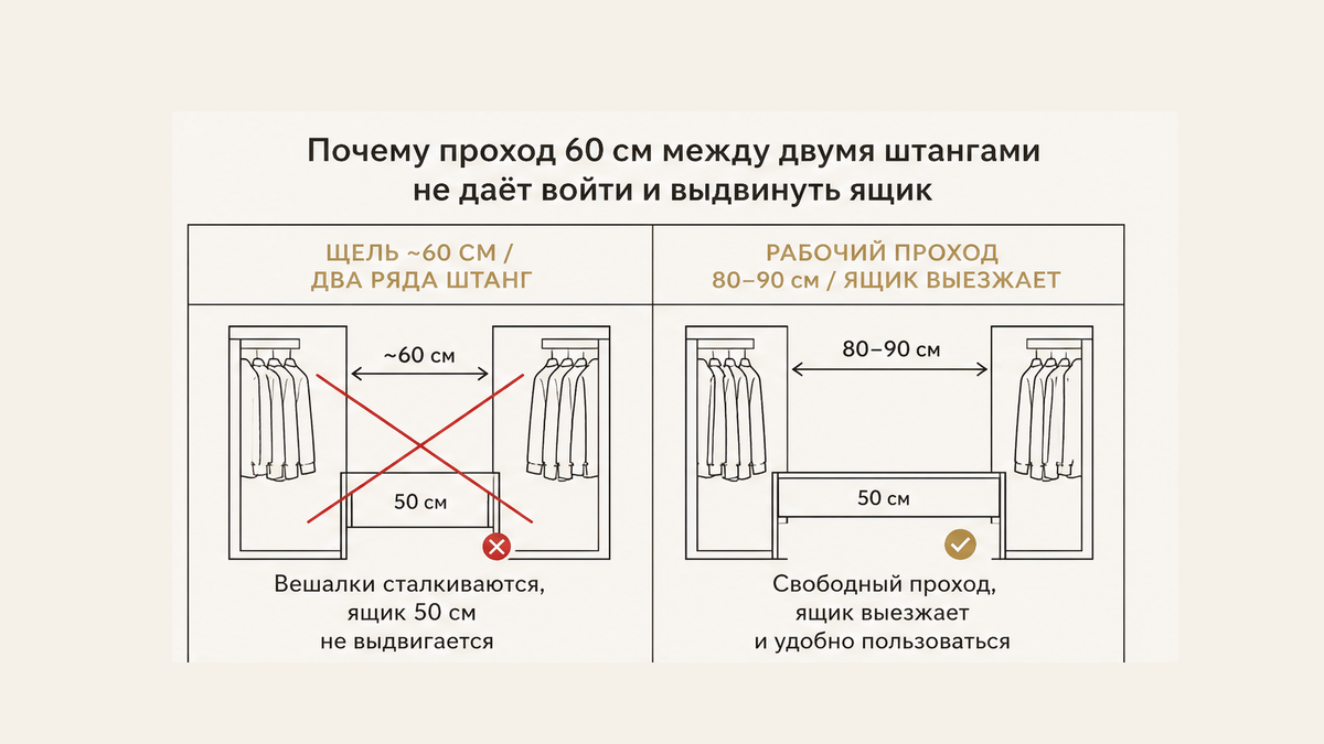 Сравнение: щель около 60 см между двумя рядами штанг против рабочего прохода 80–90 см, где ящик выезжает