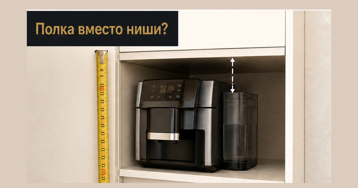 В кремовой колонке отдельностоящая кофемашина зажата на низкой полке, бак упирается в полку сверху, рулетка показывает случайный зазор вместо ниши около 45 см, труб воды и слива нет; крючок Полка вместо ниши? без лица основателя