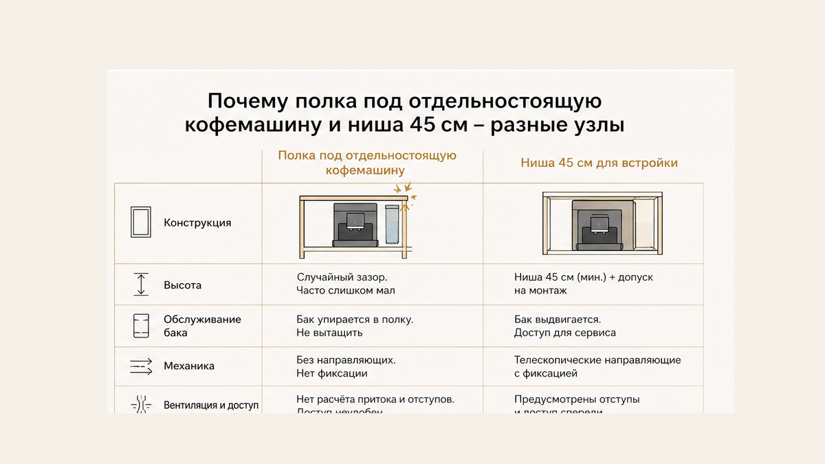 Сравнение без людей: полка под отдельностоящую кофемашину против ниши 45 см; бак сверху против полозьев встройки