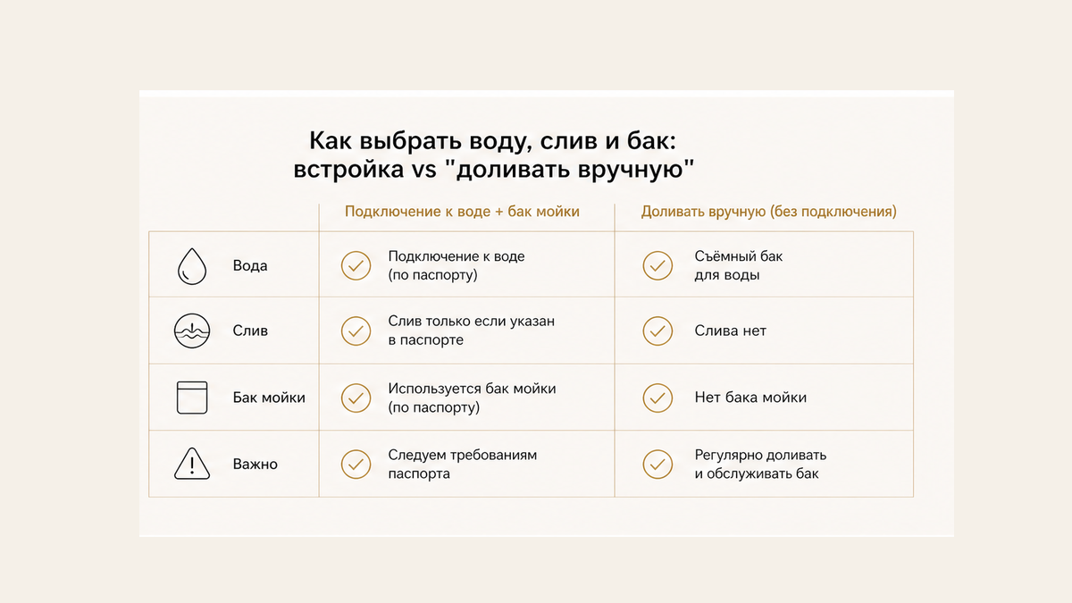Чеклист без людей: вода в проекте и мыть бак или доливать вручную; слив только если паспорт просит