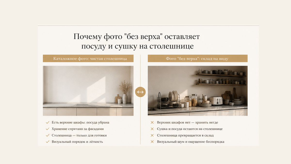 Фото «воздух» против той же кухни без верха: сушка и банки на столешнице, жирные полки, пенала нет
