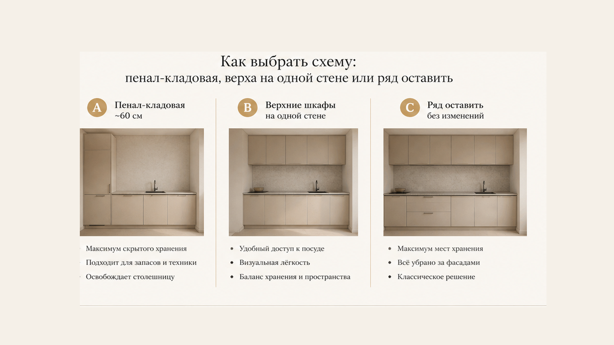 Три фото-схемы: A пенал-кладовая ~60 см, B верха на одной стене, C верхний ряд оставить