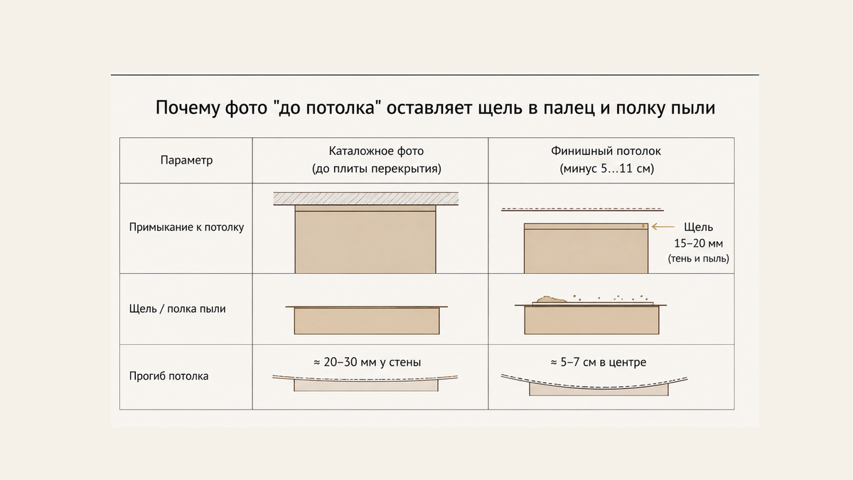 Сравнение: фото «до потолка» вровень с плитой против чистового −5…−11 см, щель-полка пыли против теневого 15–20 мм, провис полотна 20–30 мм
