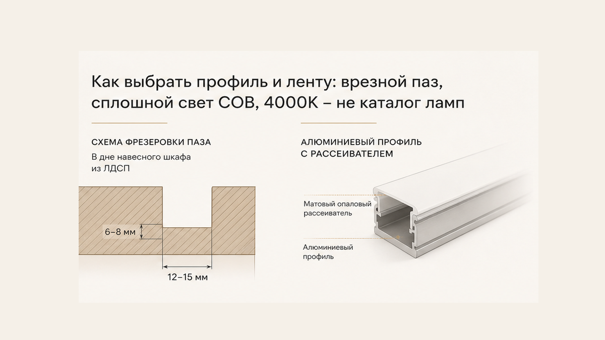 Схема фрезеровки врезного паза 6–8 мм в дне навесного шкафа и алюминиевый профиль с матовым опаловым рассеивателем