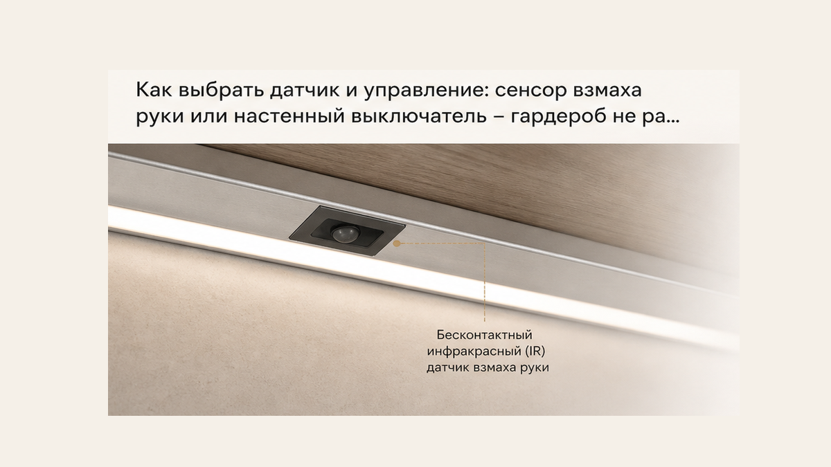 Бесконтактный инфракрасный IR-датчик взмаха руки, врезанный в профиль под шкафом