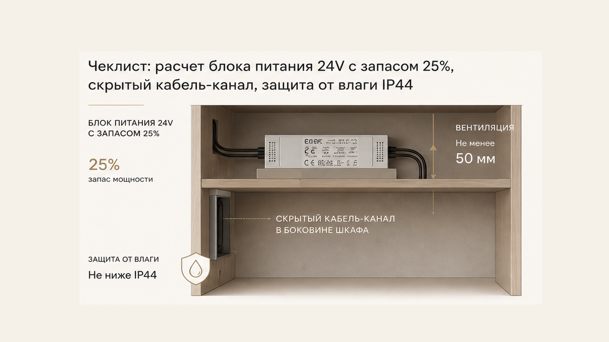 Блок питания 24V на верхней полке шкафа с вентиляционным зазором и скрытым кабель-каналом