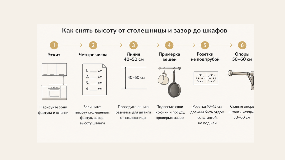 Схема без людей: шесть шагов — стена, четыре числа, линия 40–50 см, примерка вещи, розетки, шаг кронштейнов