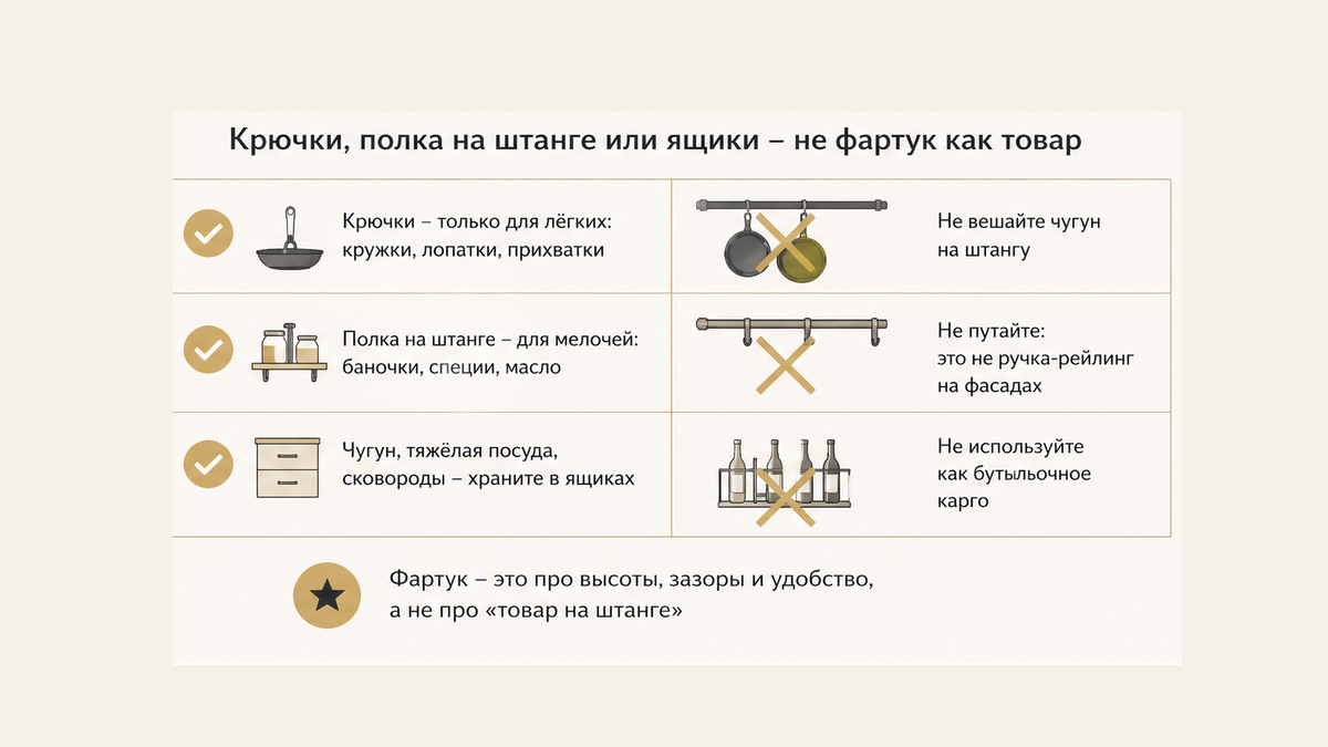 Чеклист без людей: лёгкое на крючки у плиты, полка для мелочи, чугун в ящики; батарея сковород на трубе вычёркнута