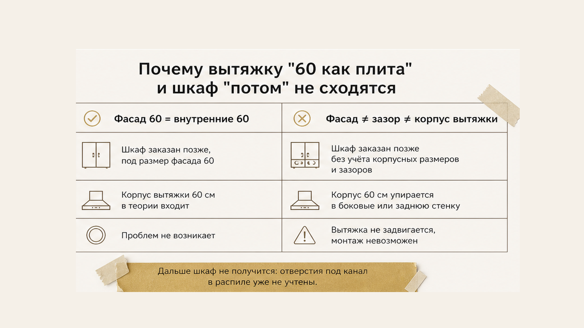 Сравнение без людей: «60 как плита и шкаф потом» против просвета, габарита паспорта и отверстия под канал