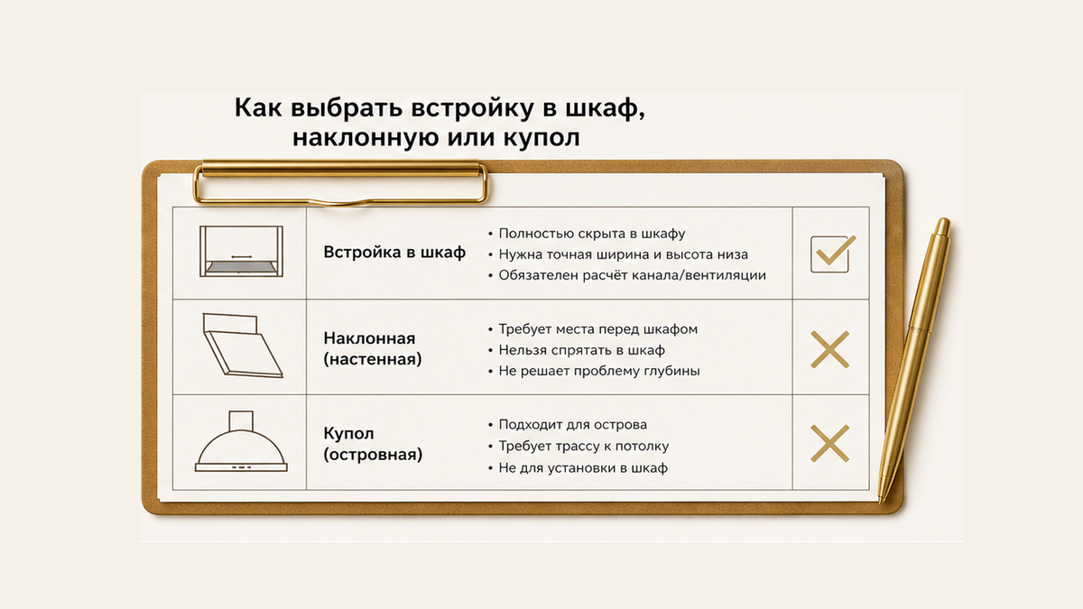 Чеклист без людей: полновстраиваемая в навесной; купол на стену и остров зачёркнуты