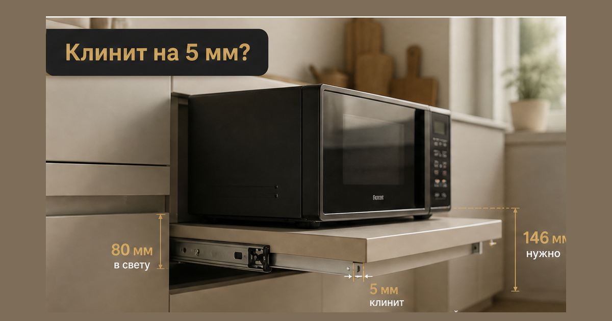 База кремовой кухни: обычный ящик вместо комплекта выдвижной столешницы, панель клинит в низкой нише на 5 мм, микроволновка стоит на выдвинутой доске и перекрывает проход; крючок Клинит на 5 мм? без лица основателя