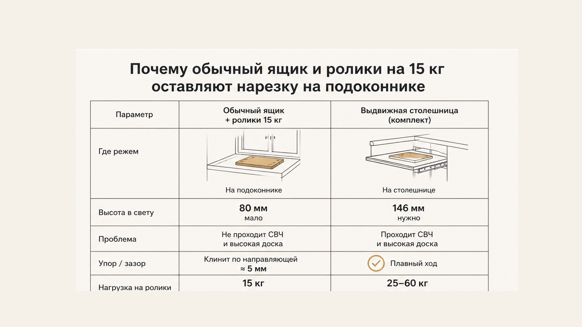 Сравнение без людей: ролики 15 кг и обычный ящик vs комплект выдвижной столешницы; нарезка на подоконнике; клин 5 мм